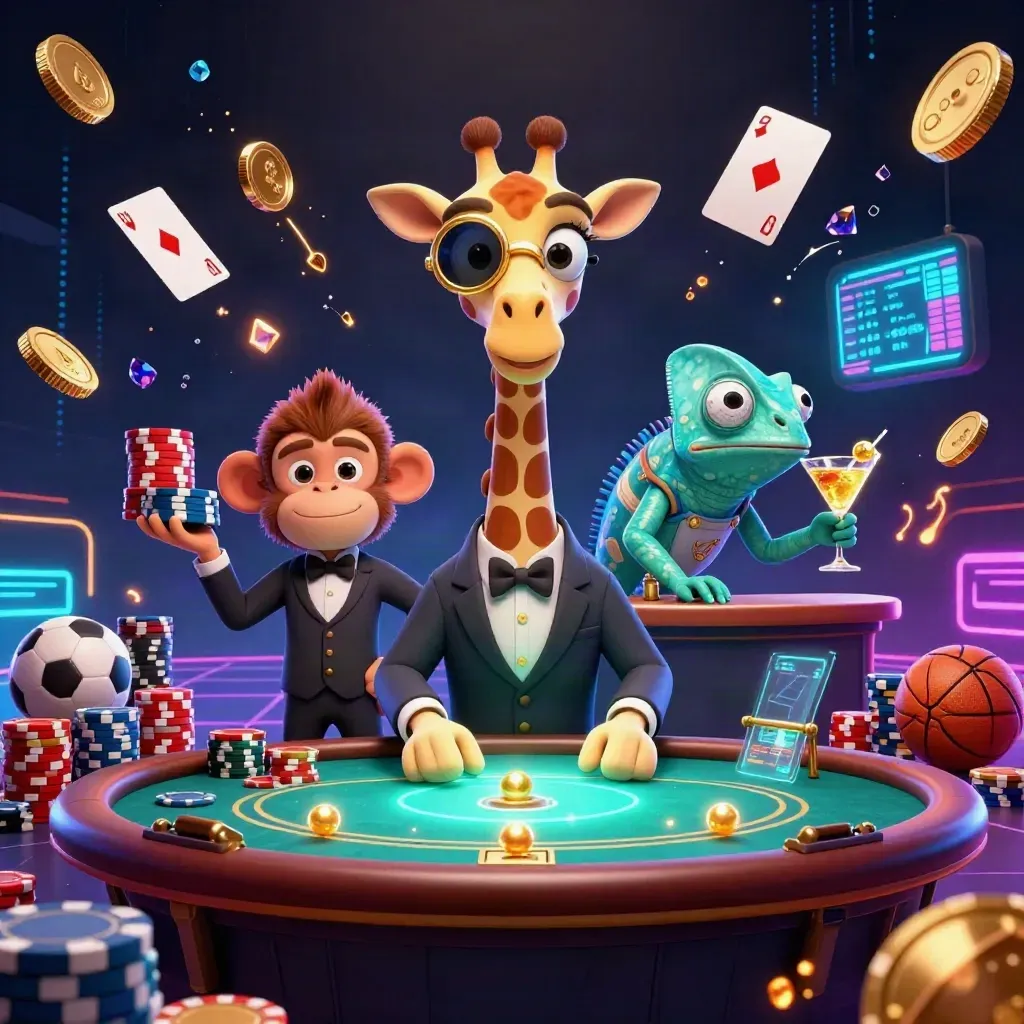 Jerapah high-roller, monyet valet, dan bunglon bartender di meja poker neon mewah.