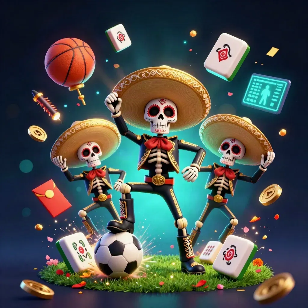 Triou mariachi tengkorak di stadion malam, bola dan serpihan tanah melesat, dengan elemen kasino neon emas-teal.