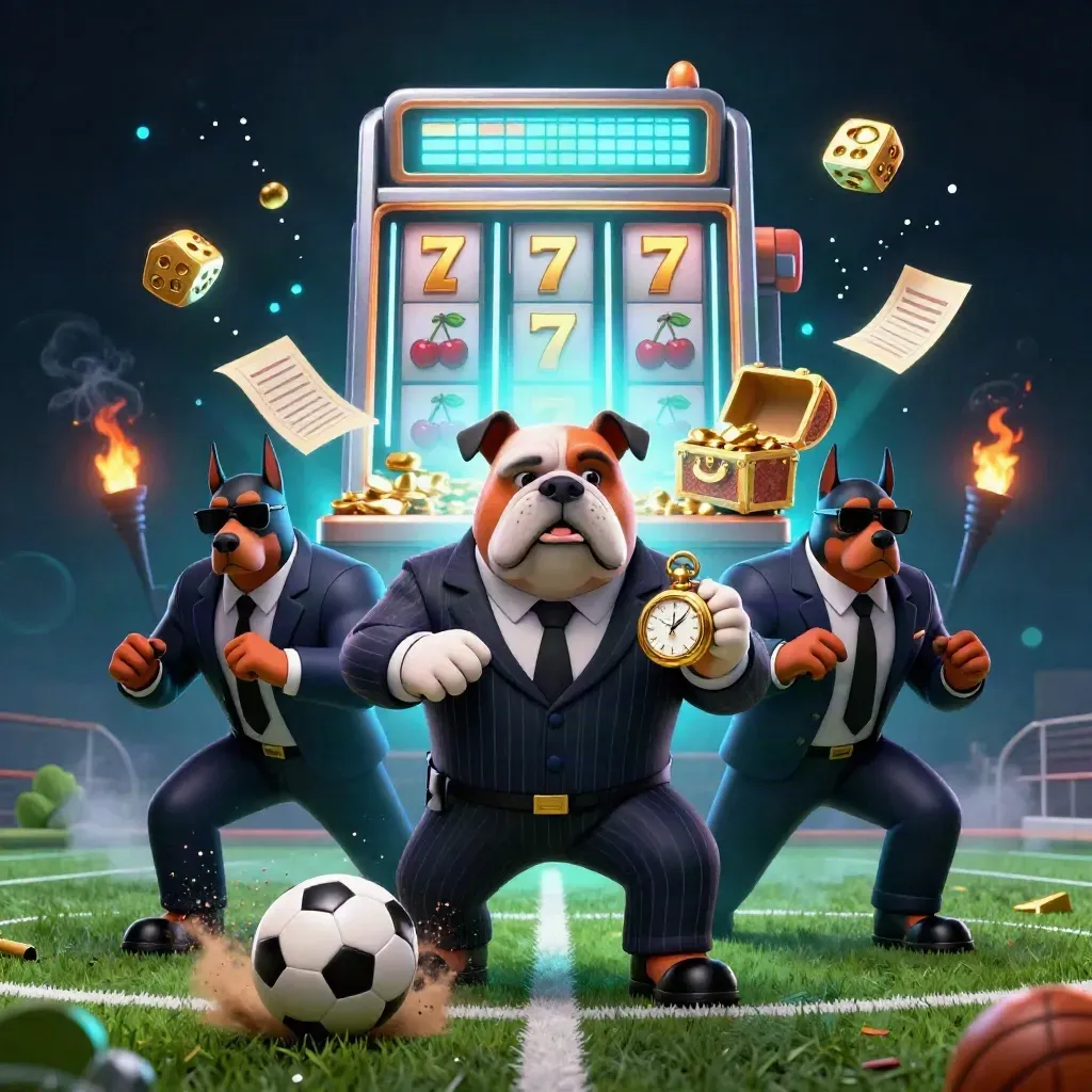 Bulldog mafia dan dua doberman di tengah mesin slot, bola olahraga, emas, dan cahaya neon laut.