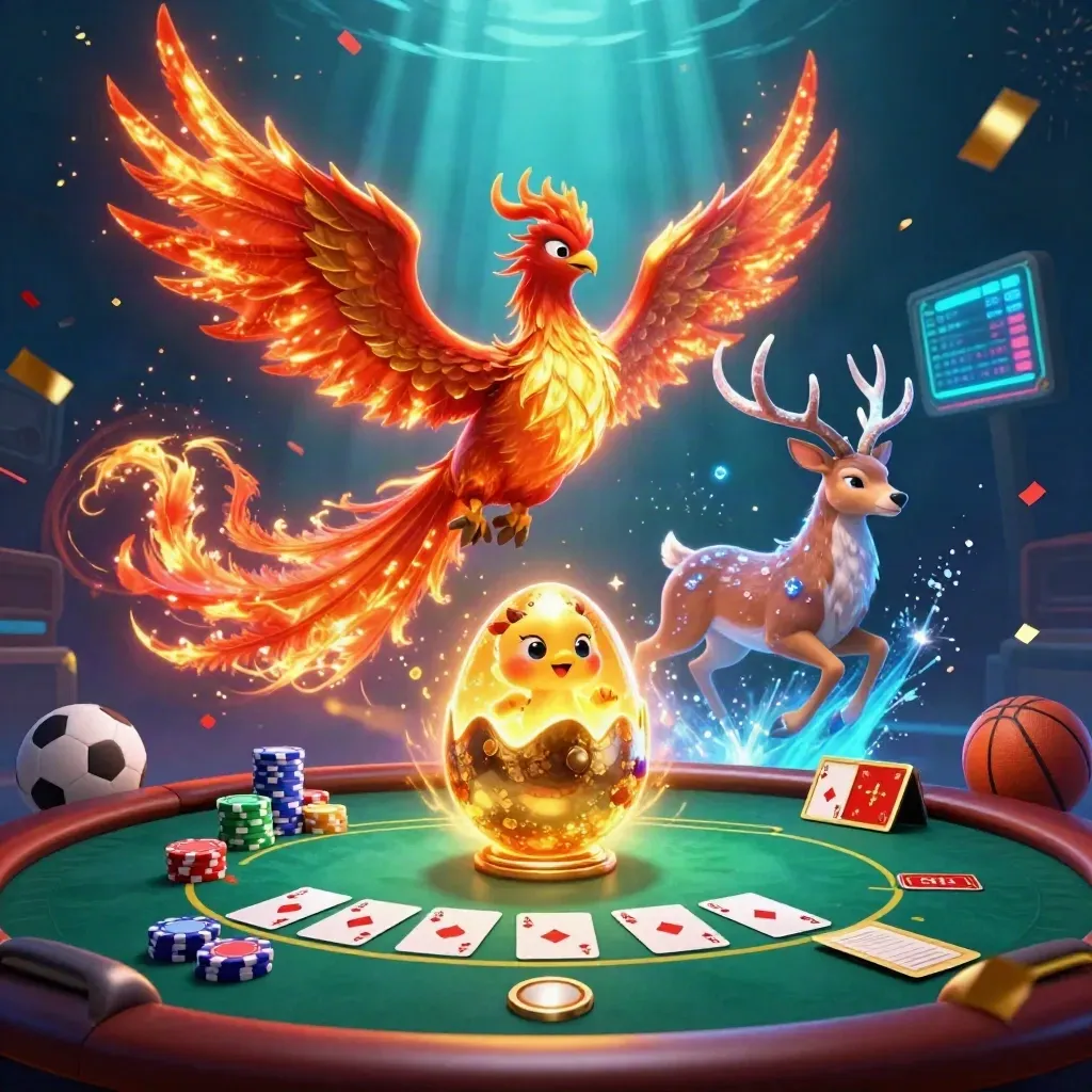 Phoenix, rusa kristal, dan telur emas di atas kasino laut neon.