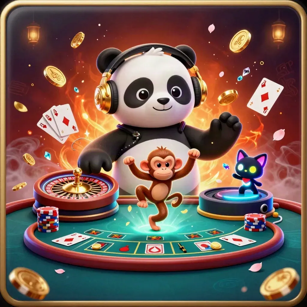 Panda DJ, monyet breakdance, dan kucing glow-stick di meja kasino mewah dengan koin dan permata.