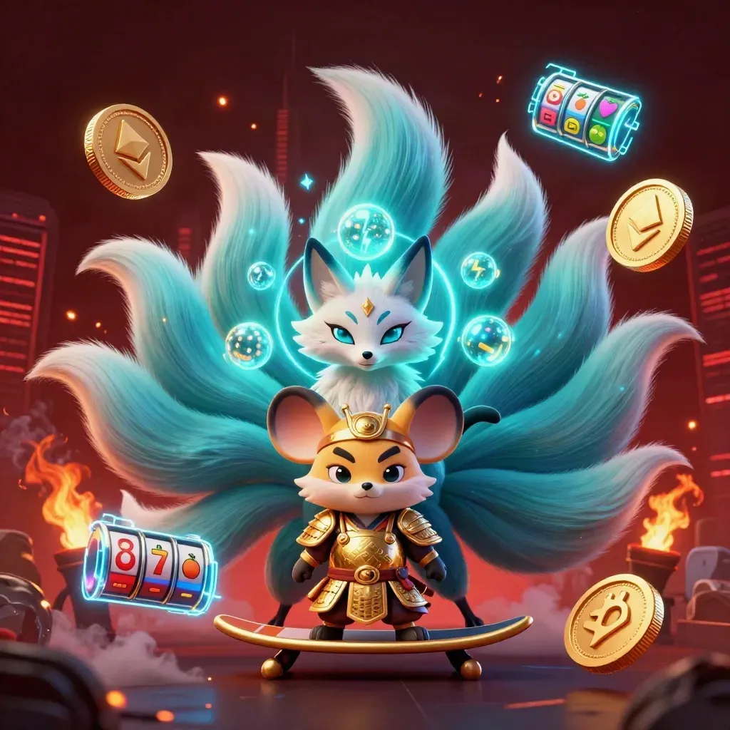 Rubah roh sembilan ekor dan mouse samurai emas, dikelilingi koin kripto neon dan ledakan api.
