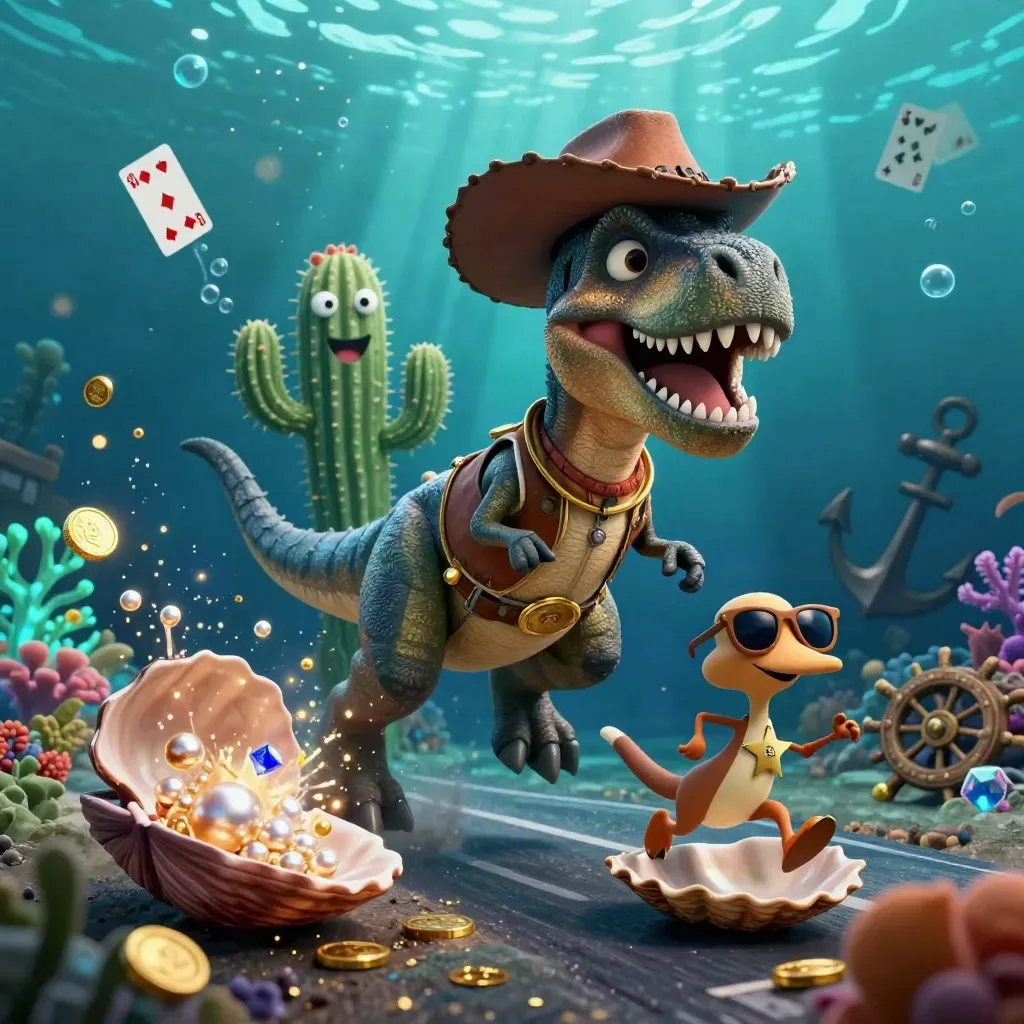 T-Rex koboi, kaktus, dan roadrunner di harta karun bawah laut, ledakan koin dan permata