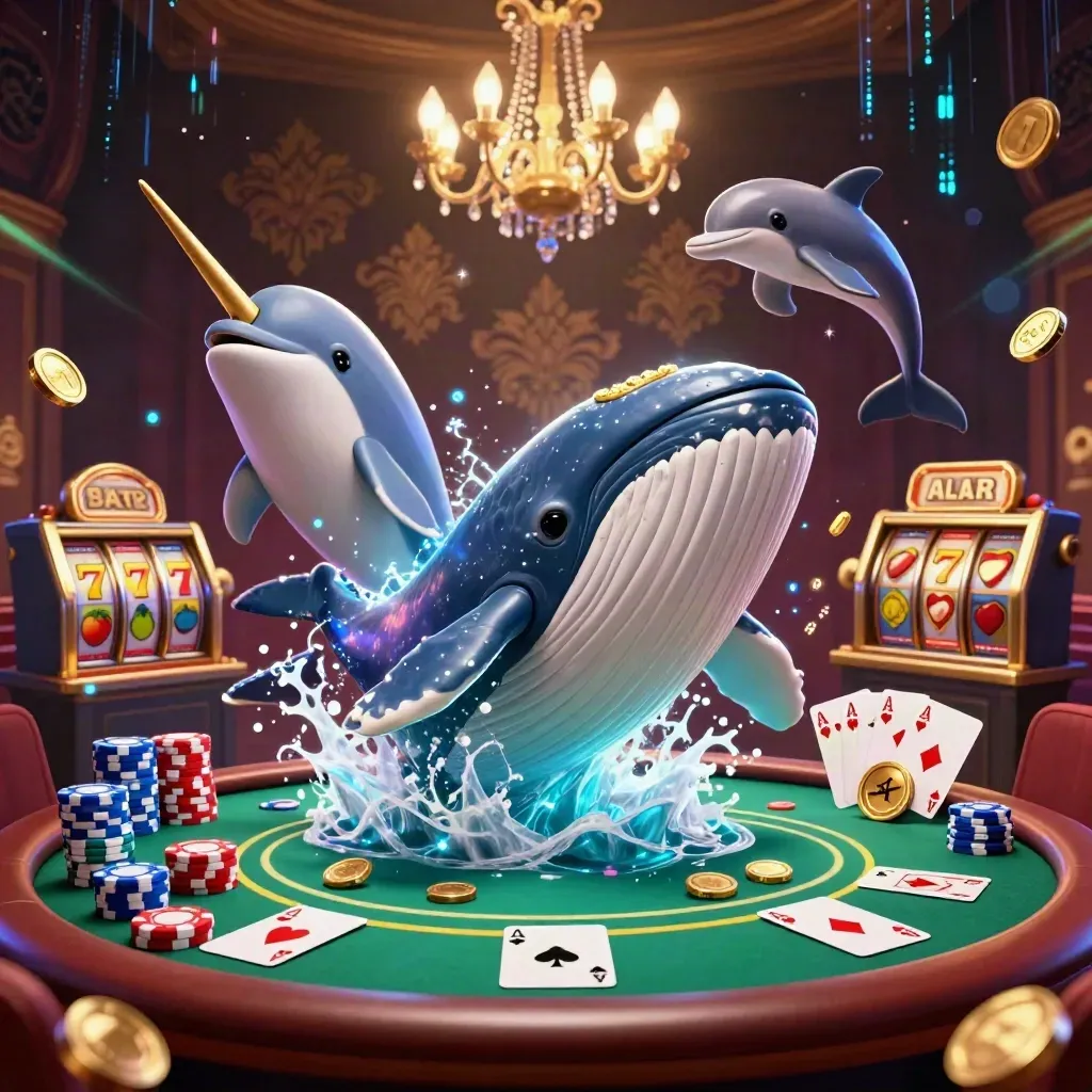 Paus kapten, narwhal, dan lumba-lumba di lautan koin neon dengan chip dan kartu poker.