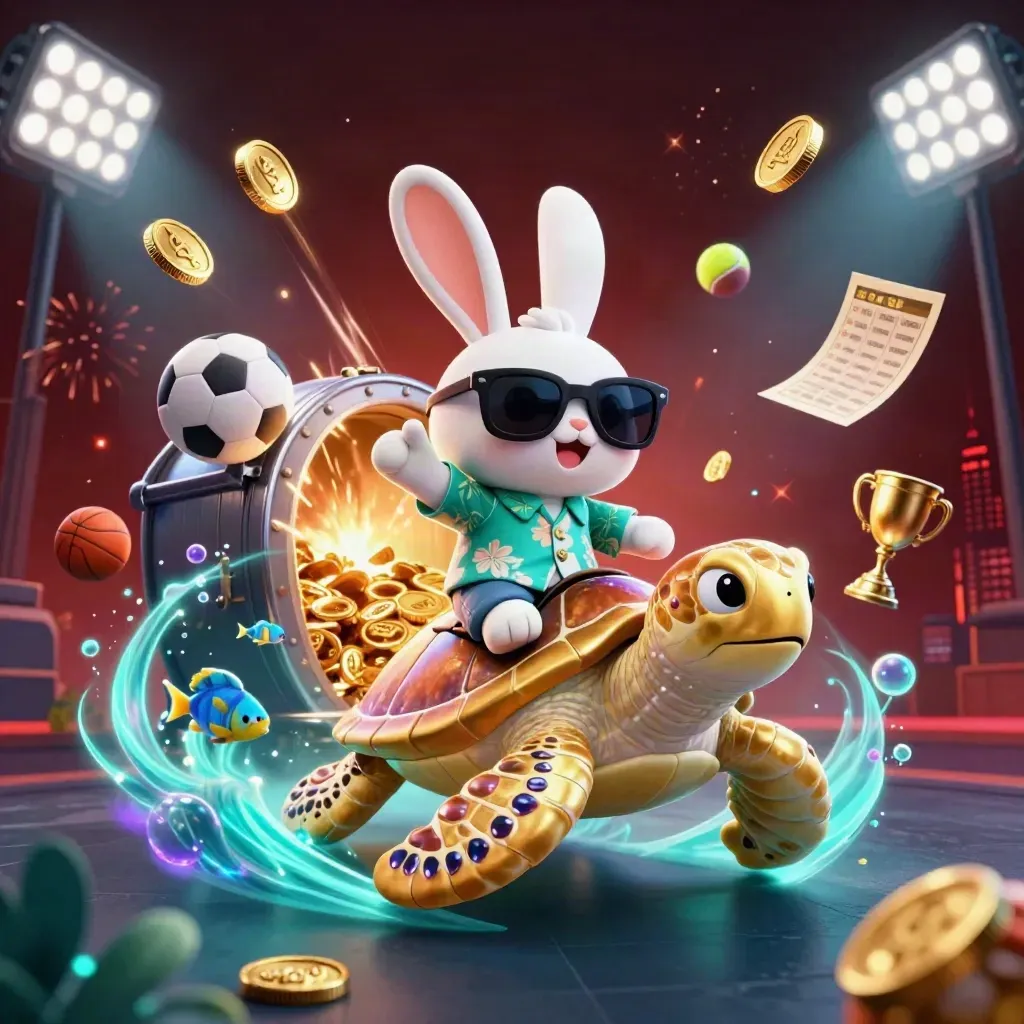 Kelinci kartun di atas kura-kura emas dikelilingi koin, bola, dan kilau neon mewah.