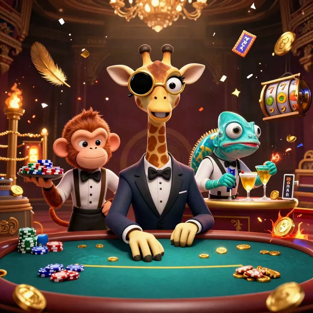 Giraffe jutawan, monyet pelayan, dan bunglon bartender di meja poker mewah