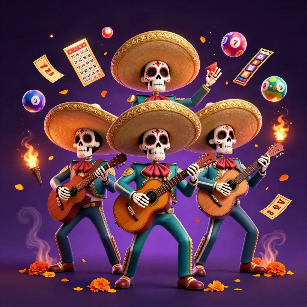 Tiga kerangka mariachi emas dengan bola lotre, roda hadiah, dan latar ungu gelap.