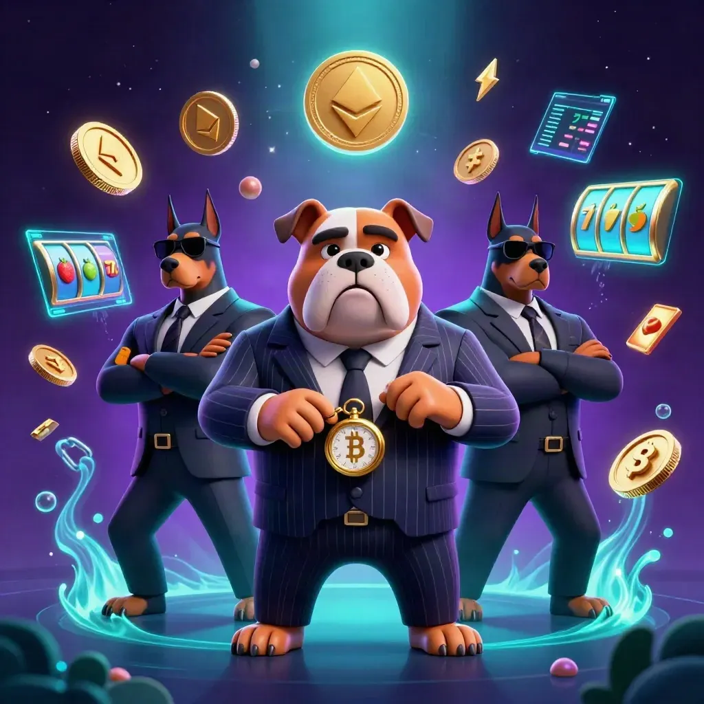 Bulldog mafia 3D dengan dua Doberman, koin kripto, kilau neon laut, dan efek jackpot.